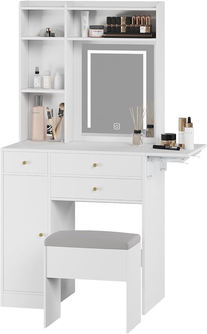 ARTETHYS Vanity Desk with Mirror and Lights White Makeup Vanities Set with Storage Chair Dressing Table with Drawer and Fold-up Panel for Bedroom