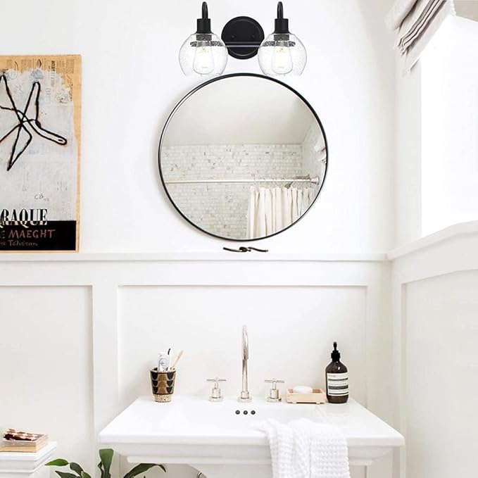 Black 2-Lights Wall Sconce Lighting with Seeded Glass Lampshades Industrial Bathroom Vanity Light Fixtures for Hallway Kitchen Bedroom