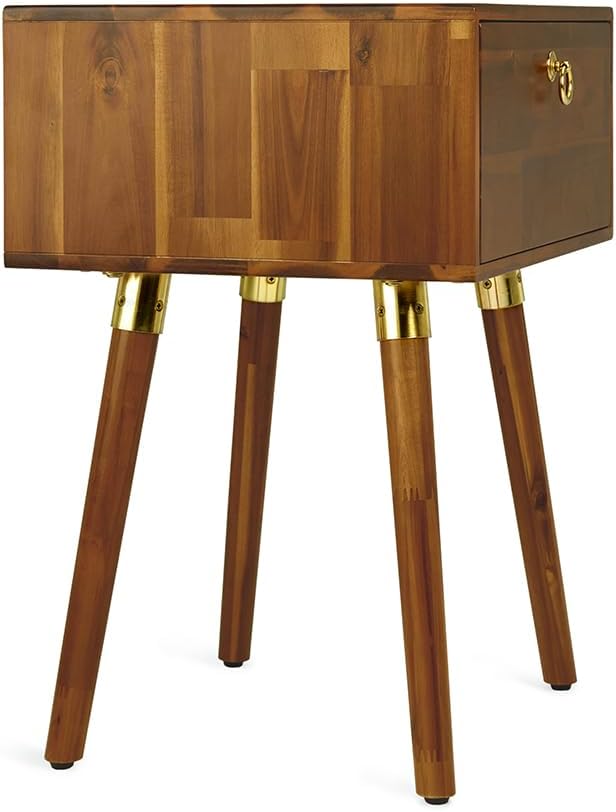 Bme Alden Solid Wood Nightstand/Side Table/End Table, Fully Assembled, with 1-Drawer for Mid Century Bedroom and Living Room, (12mm), Caramel