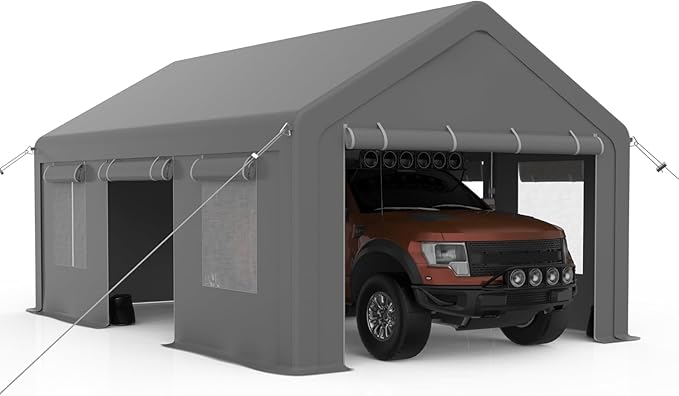 12x20ft Carport Heavy Duty, Portable Garage with 4 Doors + 4 Window, Upgraded Carport with Reinforced Steel Poles, Uv Resistant Waterproof Tarp for Car, Truck, Boat