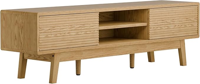 59" TV Stand, Mid Century Modern Television Stand for 43/55/65 inch TV, Low Profile TV Console with Fluted Sliding Doors, Boho Light Wood Credenza for Living Room, Oak