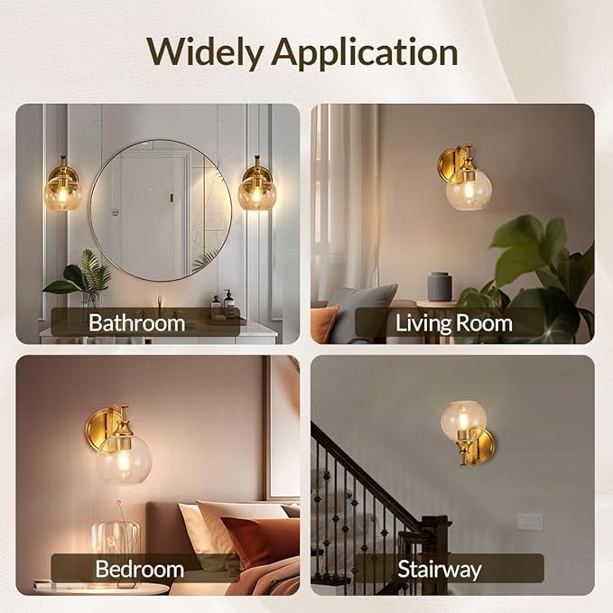 ANDY STAR Brushed Gold Bathroom Light Fixtures, Brass Vanity Lights for Mirror, 1-Light Bathroom Wall Sconces Lighting with Globe Clear Shade Up or Down Wall Mounted for Kitchen, Living Room, Hallway