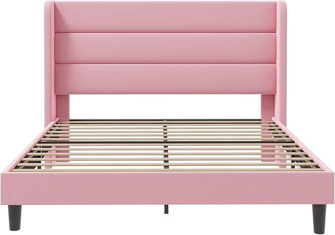 SHA CERLIN Queen Size Velvet Bed Frame/Vertical Channel Tufted Wingback Headboard/Upholstered Platform Bed with Wooden Slats/Mattress Foundation/No Box Spring Needed/Easy Assembly/Pink