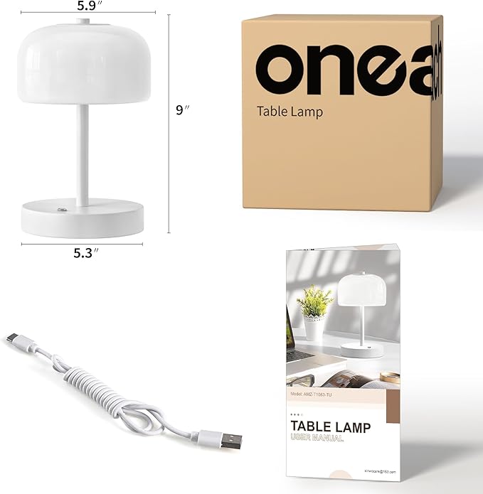 Oneach Portable Cordless Table Lamp, Rechargeable Battery Powered Lamp with Opal Glass Shade, 3-Way Dimmable LED Touch Mushroom Table Lamps for Bedroom, Bedside, Living Room, Dining Room, Patio, White