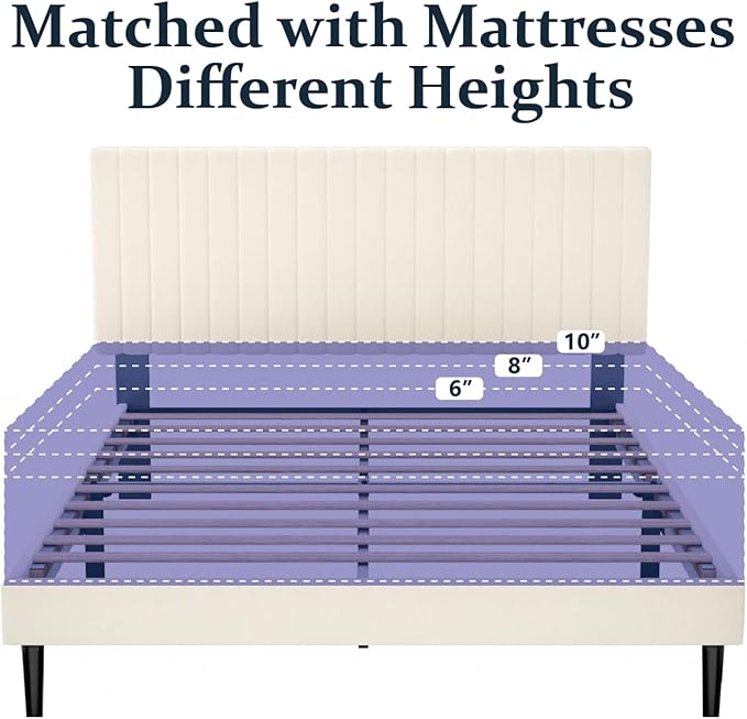 Full Size Platform Bed Frame with Velvet Upholstered Headboard, Full Bed Frame with Strong Wood Slats, Mattress Foundation, Box Spring Optional, Easy Assembly, Beige