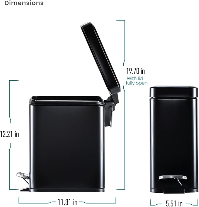 Home Zone Living 3-Pack 1.3 Gallon Small Black Bathroom Trash Can with Lid and Step Pedal, Stainless Steel Wastebasket with Slim Design for Home and Office, 5 Liters