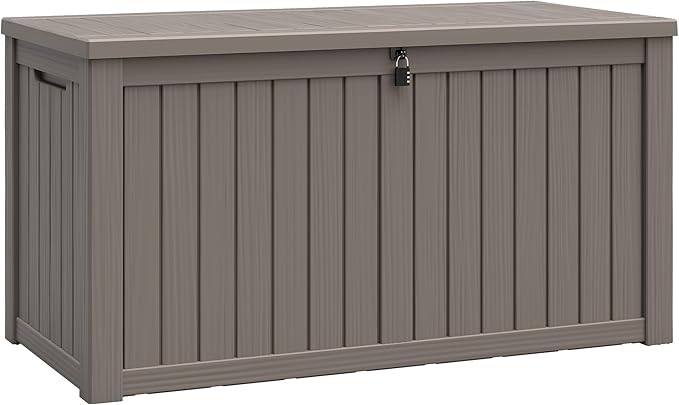 150 Gallon Resin Deck Boxes Waterproof, Outdoor Storage Box Lockable Lid for Delivery Box, Indoor, Garden Tools, Pool Supplies, Patio, Grey