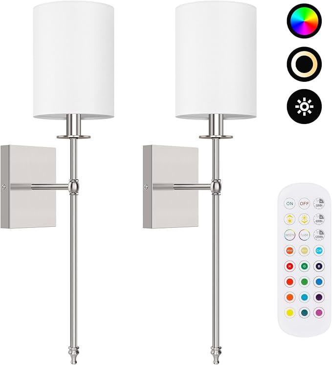 24.8 Inch Battery Operated Wall Sconces Set of 2 with Remote, Brushed Nickel Rechargeable Wireless Wall Lights with White Fabric Shade, Cordless Wall Lamps with Dimmable Detachable Bulbs for Bedroom