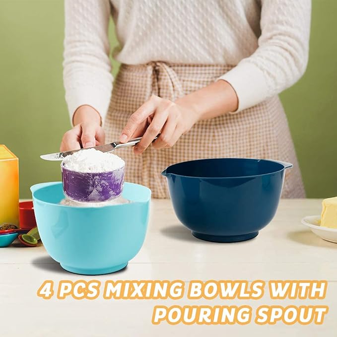 BoxedHome Nesting Plastic Mixing Bowl Set With Pour Spout, Microwave and Dishwasher Safe, BPA free Non-Slip Base, Set of 4 Size 1.7, 2.5, 3.5 and 4.5qt, Great for Prepping, Baking, Cooking (Dark Blue)