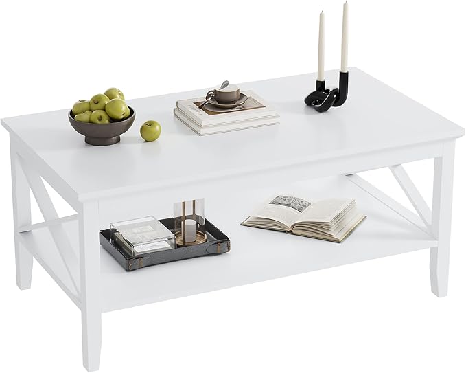 ChooChoo Coffee Table Classic X Design for Living Room, Rectangular Modern Cocktail Table with Storage Shelf, 47 Inch