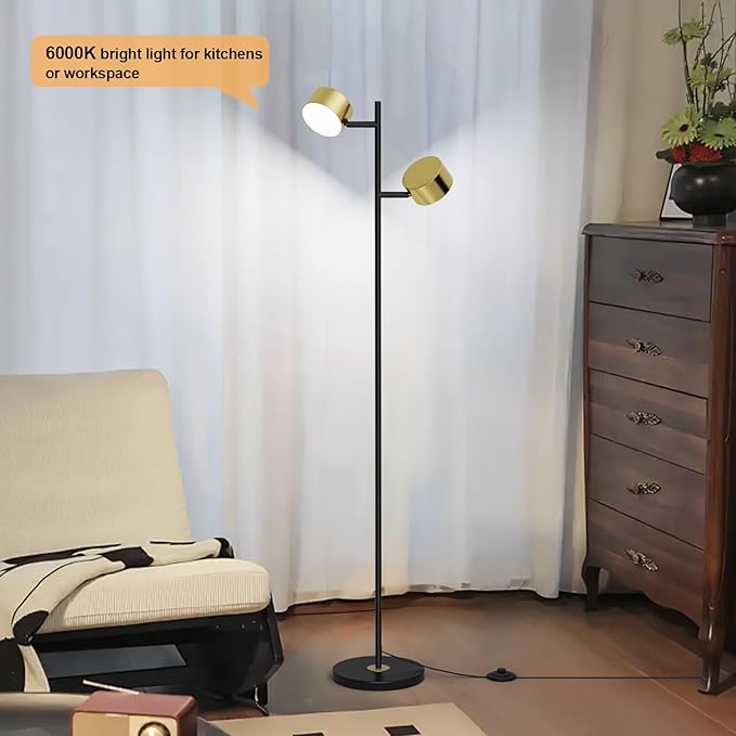 LED Floor Reading Lamp with 3 Color Temperatures, Adjustable Heads Standing Lamp for Living Room Bedroom Office, Minimalist Floor Lamp with Foot Switch, Black