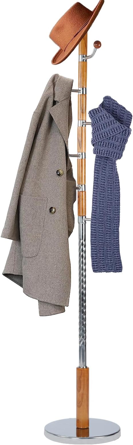 68 in Wood Coat Rack, Coat Rack Freestanding with Stable Round Base, Adjustable Height Tree Coat Racks Stand for Home Bedroom Office Hallway Entryway (Solid Wood Metal Hook)