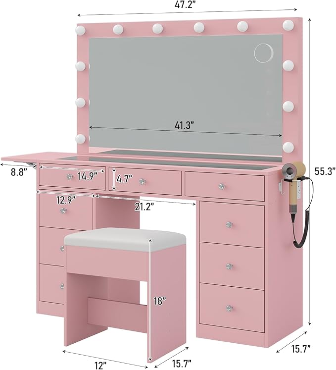 Vanity Desk with Power Outlet, Makeup Vanity with Lighted Mirror, 3 Lighting Modes Adjustable, 9 Drawers Vanity Table with Chair with Fold-up Panel, Glass Top, Dressing Table for Bedroom, Pink
