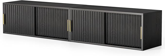 Fluted Floating TV Stand Set of 2, 30" Multi-Purpose Modern TV Display Shelf Console Entertainment Center Cabinet with Sliding Doors for Bedroom Living Room Entryway, Black