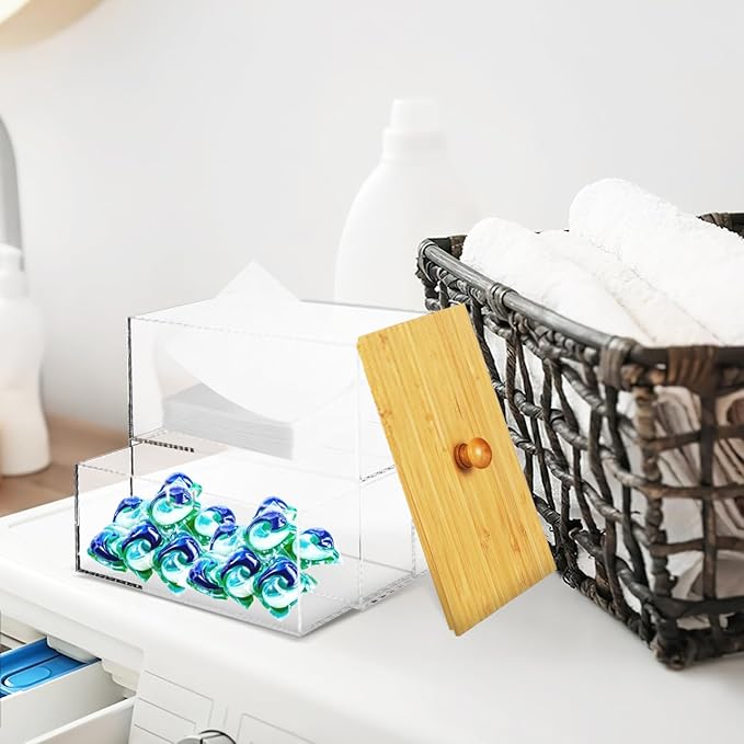 Dryer Sheet Holder Dispenser,Acrylic Dryer Sheet Container Box with Drawers and Lid for Laundry Room Organization, Storage Dryer and Fabric Sheet, Dryer Balls, Clothes Pins