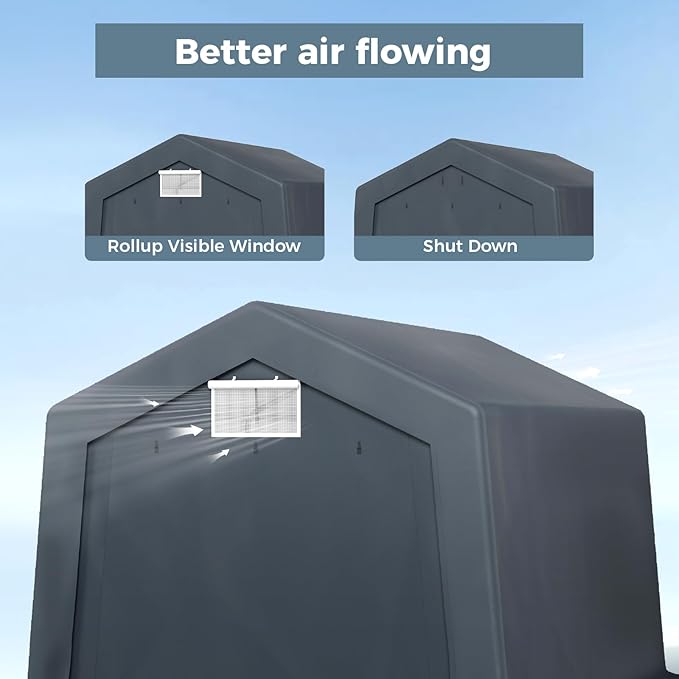 GREEN PARTY Storage Shelter Shed, 10x15 ft Portable Shed Outdoor Carport with Roll-up Zipper Door & Vents, Outdoor Storage Shed Portable Garage for Motorcycle, Bike, Waterproof & UV Protected, Gray