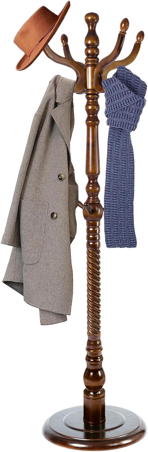 73 in Wood Coat Rack, Coat Rack Freestanding with Stable Round Base, Adjustable Height Tree Coat Racks Stand for Home Bedroom Office Hallway Entryway (Antique color)