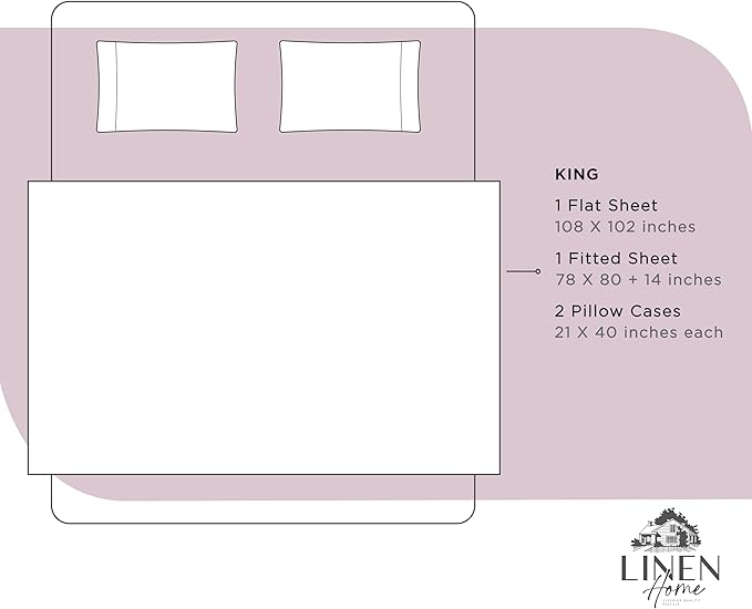 Linen Home 100% Cotton Percale Sheets King Size, Mauve Lavender, Deep Pocket, 4 Pieces Set - 1 Flat, 1 Deep Pocket Fitted Sheet and 2 Pillowcases, Crisp Cool and Strong Bed Linen