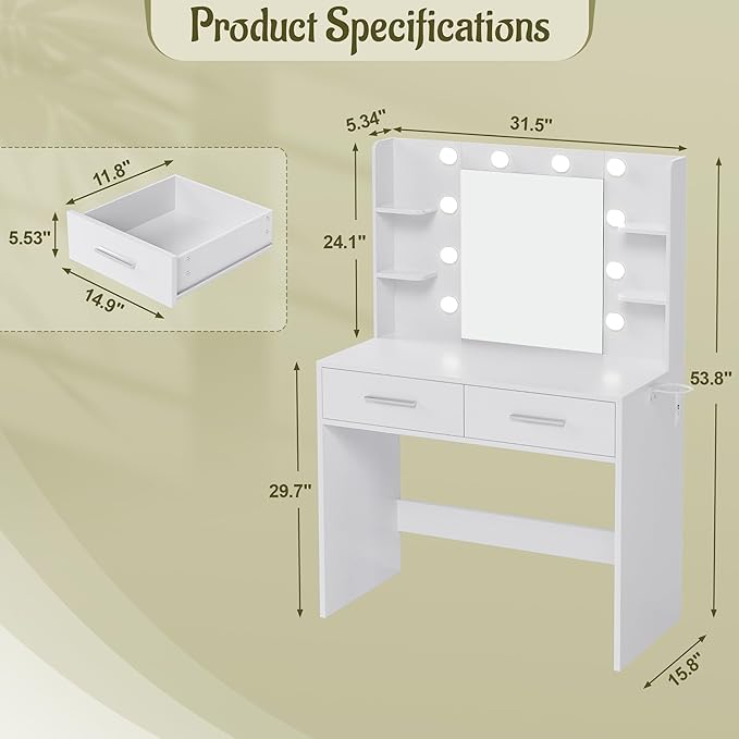 YESHOMY Vanity Desk with Mirror, Makeup Table with 2 Large Drawers, Power Outlet and Round Holder, 3 Color Modes Adjustable Bulb, White