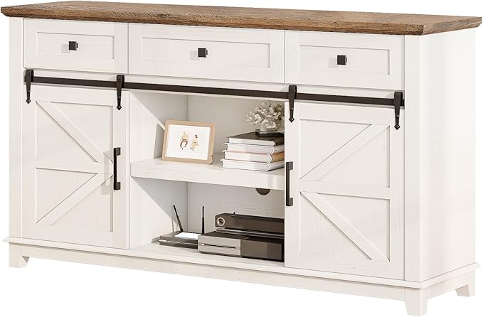 Farmhouse TV Stand with Sliding Barn Door & Drawer, 59" Rustic Entertainment Center for TVs up to 65", Buffet Storage Cabinet for Living Room, Dinning Room, White+Barnwood