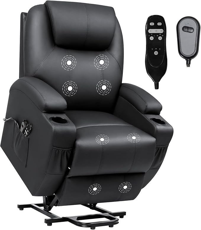 VICTONE Electric Power Lift Recliner Chair for Elderly Reclining Sofa for Living Room with Massage, Side Pockets and Cup Holders (Leather, Black)