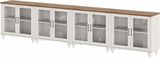 WAMPAT Large TV Stand for TVs up to 110 Inch, White Entertainment Center Console Table with LED Light, Accent Buffet Cabinet with Glass Door for Dining & Living Room