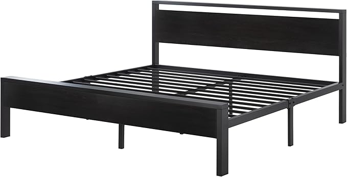 SHA CERLIN 14 Inch King Size Metal Platform Bed Frame with Wooden Headboard and Footboard, Mattress Foundation, No Box Spring Needed, Large Under Bed Storage, Black Oak