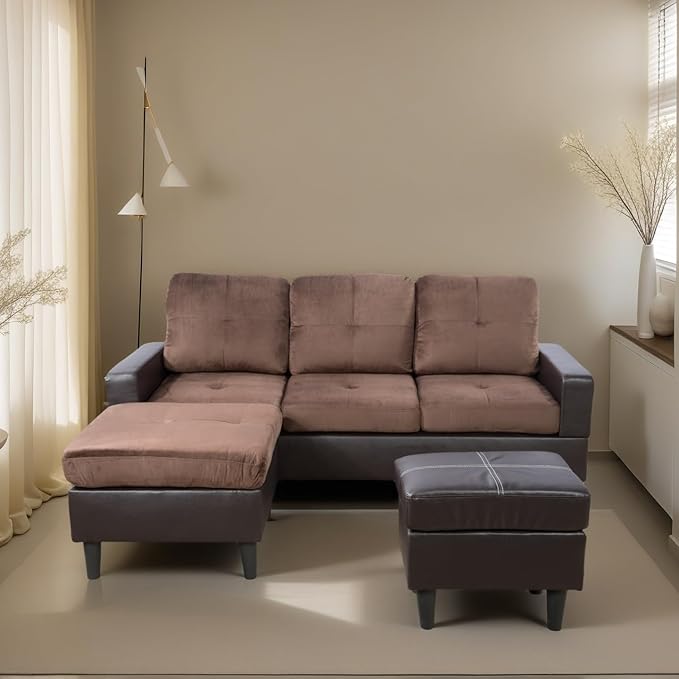 L Shaped Sofa with Ottoman, Modern Faux Leather Couch with Chaise, 3 Seat Living Room Sofa Set with Solid Wood, for Home, Apartment, Study Room, Brown Chocolate