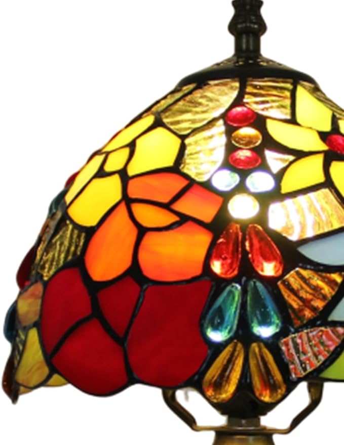 Vintage Tiffany Table Lamp Red Yellow Rose Stone Drop Decor 8" Shade Small Retro 14.6" Tall Bedroom Nightstand Bedside Desk Light Flower Pattern