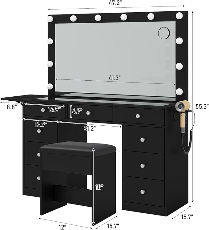 Vanity Desk with Power Outlet, Makeup Vanity with Lighted Mirror, 3 Lighting Modes Adjustable, 9 Drawers Vanity Set with Fold-up Panel, Glass Top, Vanity Table with Chair for Bedroom, Black