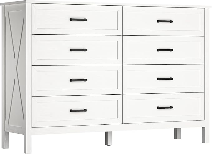 Farmhouse 8 Drawers Dresser for Bedroom, 55 Inch Wood Rustic Wide Chest with Natural Texture, Large Dressers for Bedroom, Hallway, Entryway, White