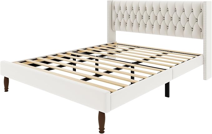 King Size Velvet Upholstered Bed Frame, 49.2" Tall Wingback Headboard, Deep Button Tufted, No Box Spring Needed, Solid Wood Legs, White