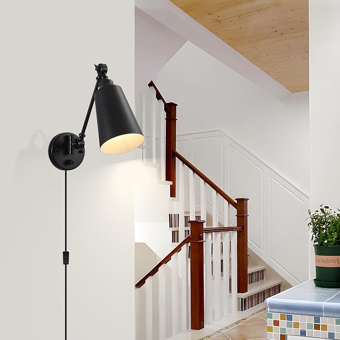 Plug in Wall Sconces Set of 2, Black Wall Mounted Lighting, Swing Arm Wall Lamp Plug in Cord Industrial Wall Light Fixtures for Bedside Bedroom Living Room Kitchen Office