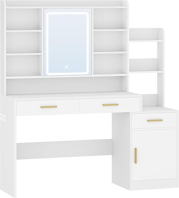 39.3'' Vanity Desk with HD Mirror and Lights, Makeup Vanity with Power Strip, DressingTable with Bedside Table, 3 Drawers and 9 Storage Shelves, Storage Behind The Mirror, White