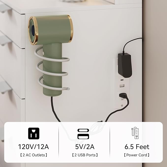 YITAHOME 46" Vanity Desk with Large LED Lighted Mirror, 3 Adjustable Lighting Modes, 11-Drawer Makeup Table Set with Charging Ports, Hair Dryer Holder & Storage Stool for Dressing Room, White