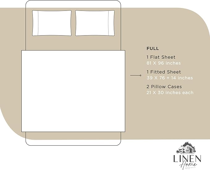 Linen Home 100% Cotton Percale Sheets Full Size, Light Taupe, Deep Pocket, 4 Pieces Set - 1 Flat, 1 Deep Pocket Fitted Sheet and 2 Pillowcases, Crisp Cool and Strong Bed Linen