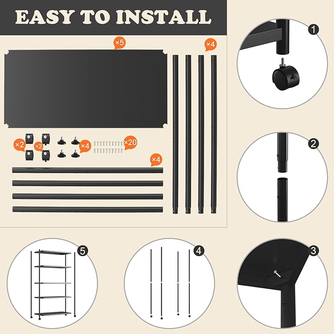 ZZL 5 Tier Large Bookshelf 31.49" Width,Tall Book Shelf Storage and Organization w/Wheels,Industrial Book Shelves for Home Office,Bedroom,School,Living Room(Black)