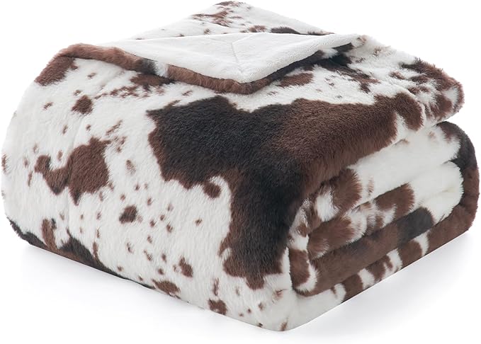 Cozy Bliss Cow Print Faux Fur Throw Blanket, Animal Printed Blankets Super Soft Warm Thick Fluffy Throws Home Decor for Couch Bed Sofa Women (Black&Coffee Cow, 60x80 Inches)