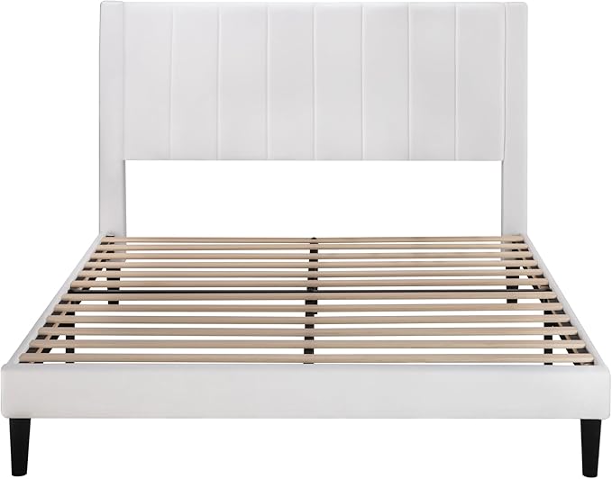 Allewie Queen Bed Frame/Velvet Upholstered Bed Frame with Vertical Channel Tufted Headboard/Strong Wooden Slats/Platform Bed Frame/Mattress Foundation/Box Spring Optional/Easy Assembly/White