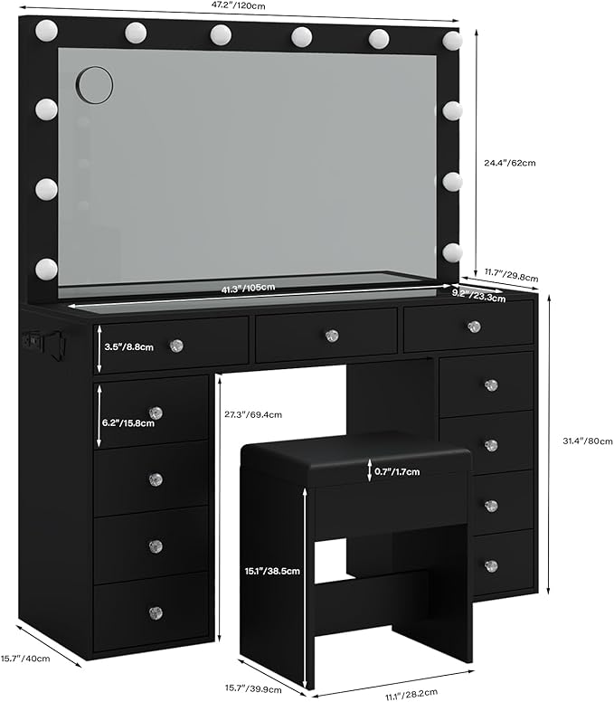 Vanity Desk & Power Outl, Makeup Table with Mirror and 12 LED Lights, Makeup Table with 11 Drawers, 3 Lighting Modes Brightness Adjustable(Black)