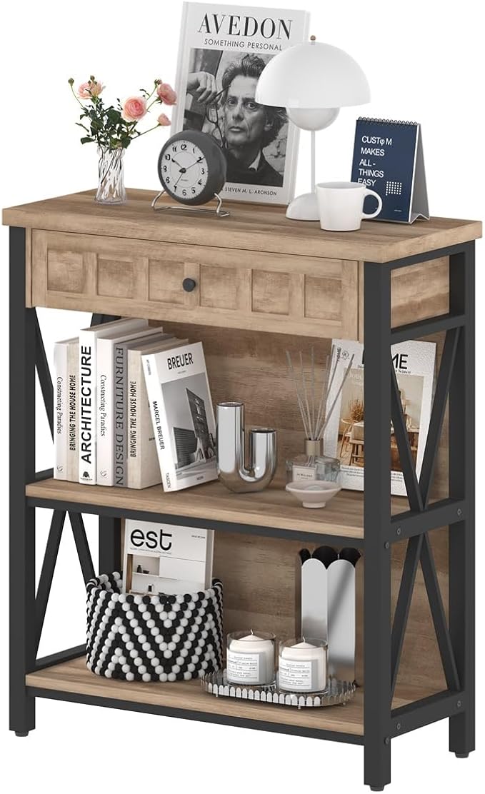 FATORRI Rustic Bookshelf with Drawer, Industrial Wood and Metal Bookcase, Small Short Book Shelf and Low Book case for Small Space (Rustic Oak)