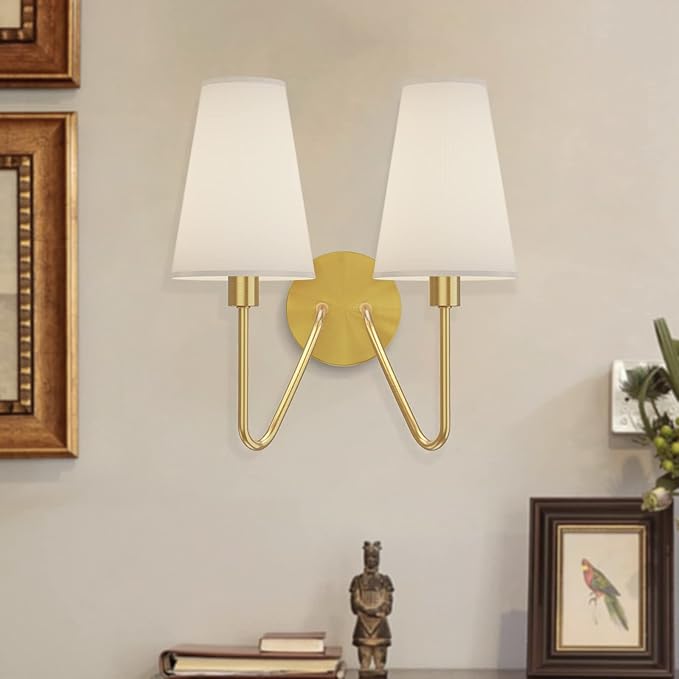 Electro bp;Double Head Classic 2 Lights Wall Sconces Lighting Fixture Polished Gold with Cream White Linen Fabric Lamp Shades E12 80W Hardwired;