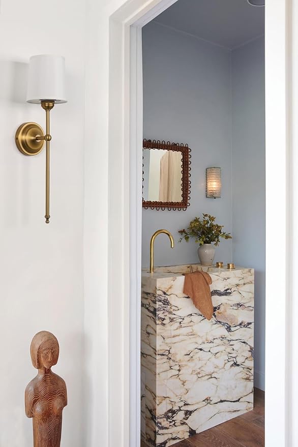 Antique Finish Sconce Wall Lighting Fixture with White Fabric Shade, E26 Hardwired Indoor 1-Light Wall Mounted Lamp for Living Room Bedside Nightstand Light Vanity Bathroom