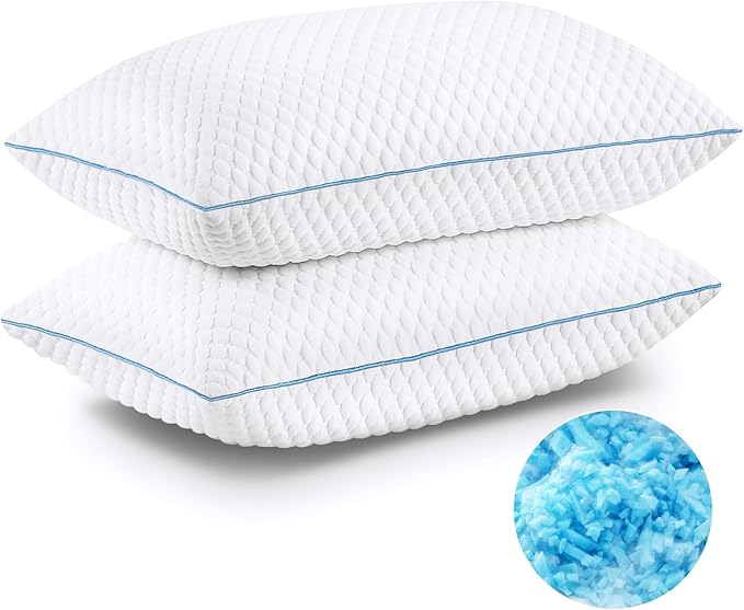 VVZ Cooling Bed Pillows Queen Size Set of 2, Shredded Memory Foam Pillows for Side Back Stomach Sleepers, Luxury Cool Gel Adjustable Firm Bed Pillows for Sleeping 2 Pack Queen Size 20 x 30 Inches