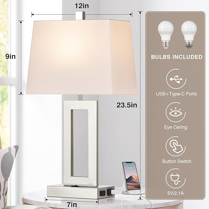 Table Lamp Set of 2 with USB C+A Ports & AC Outlet, Bedside Lamps, Modern Bedroom Lamps, Silver Lamps for Night Stands Bedroom Living Room,Nightstand Lamp