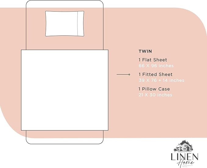 Linen Home 100% Cotton Percale Sheets Twin Size, Brushed Rose, Deep Pocket, 3 Pieces Set - 1 Flat, 1 Deep Pocket Fitted Sheet and 1 Pillowcase, Crisp Cool and Strong Bed Linen