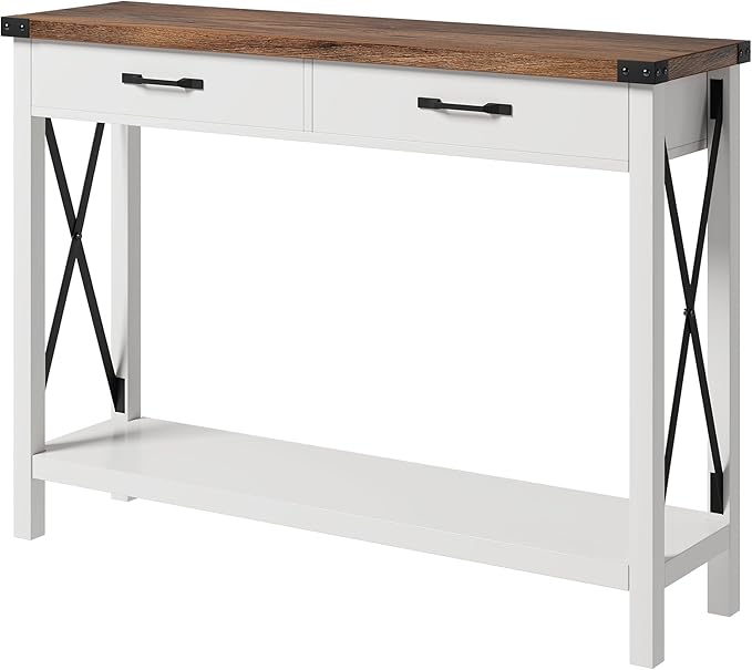 Klaesio 31-inch Side Table Suitable for Entrances, Hallways, and Living Rooms Two-Tier Narrow Sofa Side Table Industrial-Style Entrance Table with Drawers and Open Storage Shelves - White + Brown