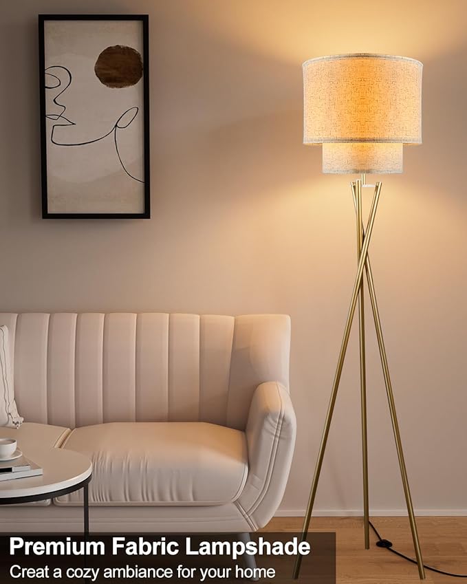 Lightdot Glod Tripod Floor Lamp, Modern Floor Lamps for Living Room, Standing Lamp with Dual Drum, E26 Bulb Included, 67.7" Tall Floor Lamp for Bedroom, Home Office