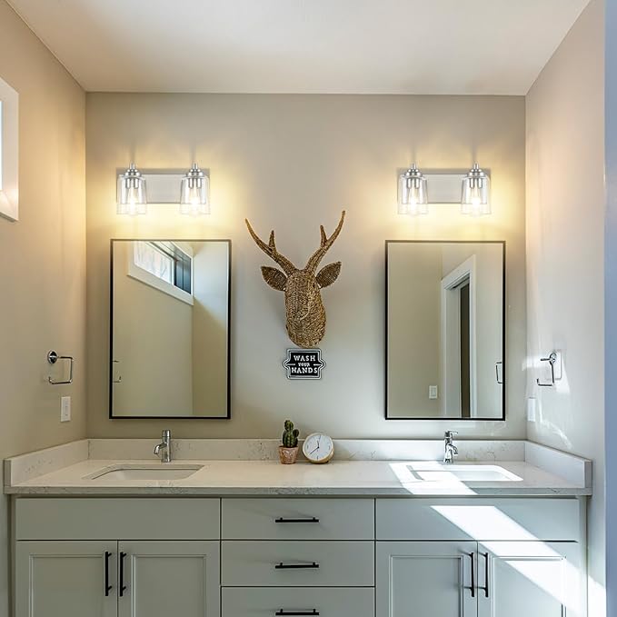 SOLFART Brushed Nickel Bathroom Light Fixture Vanity Lighting Fixtures Over Mirror 2 Light Bathroom Vanity Light Nickel Wall Light