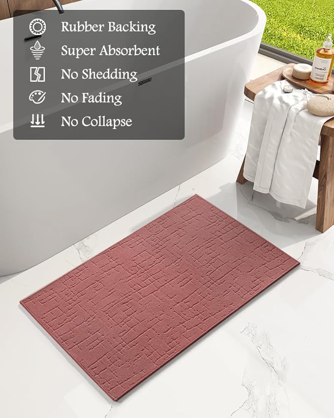 AMOAMI-Bath Mat-Absorbent Quick Dry Bathroom Floor Mats-Washable Rubber Backing Bath Mats for Bathroom Rugs Fit Under Door-Bath Rug for in Front of Sink Bathtub Shower Room, Rose 20''x32''